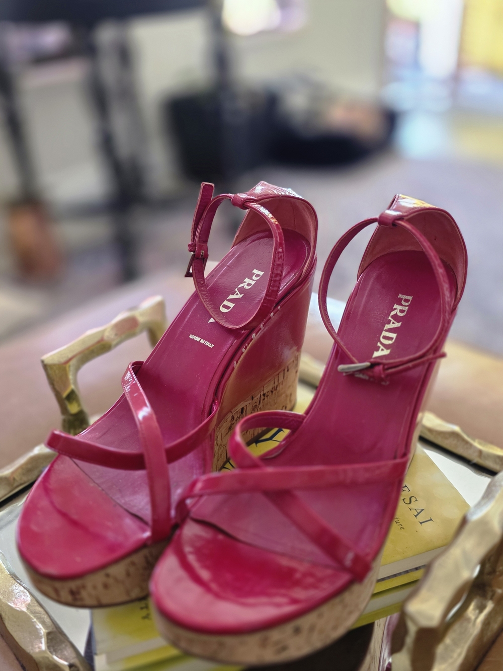 Prada Red Patent Leather Cork Wedge Sandals